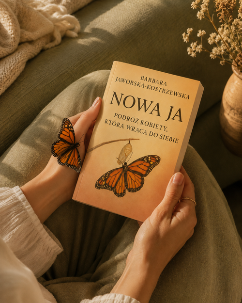 Nowa Ja — kobieta trzymająca książkę, motyl monarcha na dłoni