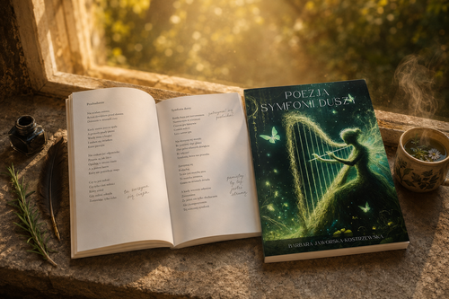 Poezja Symfonii Duszy — otwarta książka z wierszami i atramentem